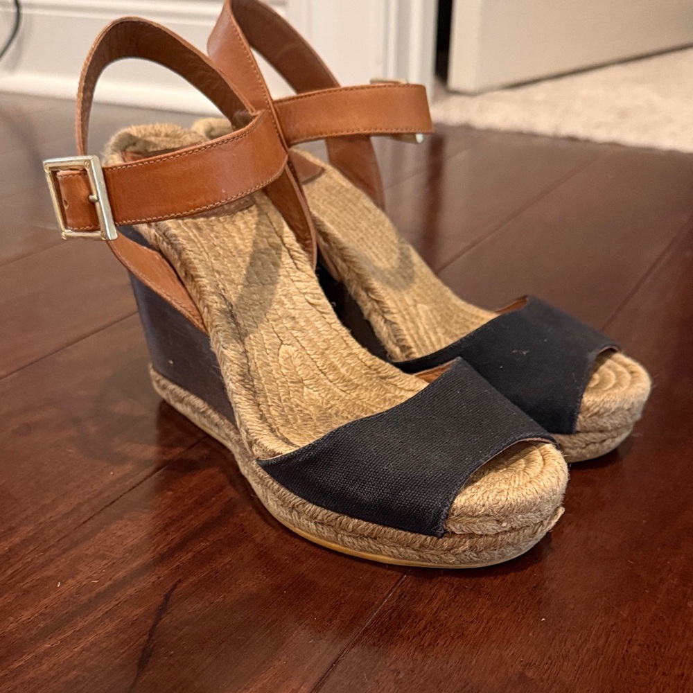 Tory Burch Navy Canvas and Tan Leather Espadrille Wedge Sandals